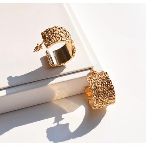 Korea Antique Matte Metal Gold Silver Color Round Stud Earrings New C Shape Wide Semicircle Curved Stud Earrings For Women