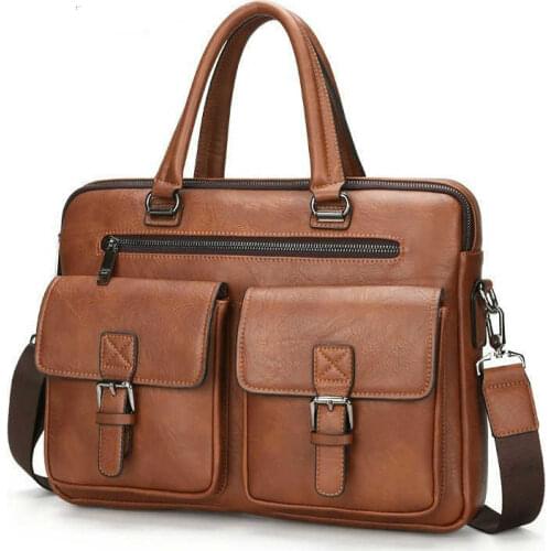 Fashion Men Laptop Briefcases Leather Handbag Zipper Mens Business Bag Two Pocket Soft Handle 14.1 Inch Computer Briefcase Bags