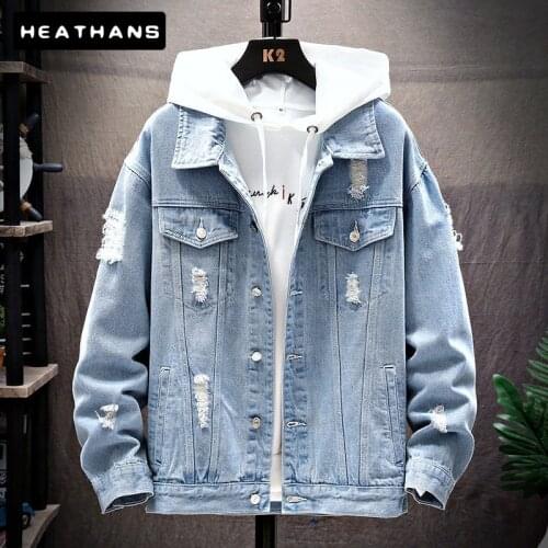 Hole Denim Men Jackets Spring Blue Korean Casual Mens Veste Homme Autumn Clothes Holed Mens Jacket Turn-down Collar Solid Color