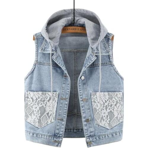 New Summer Denim Ladies Vest High Quality Large Size Women Coat Lace Pocket Hooded Denim Vest Short Vest Vest