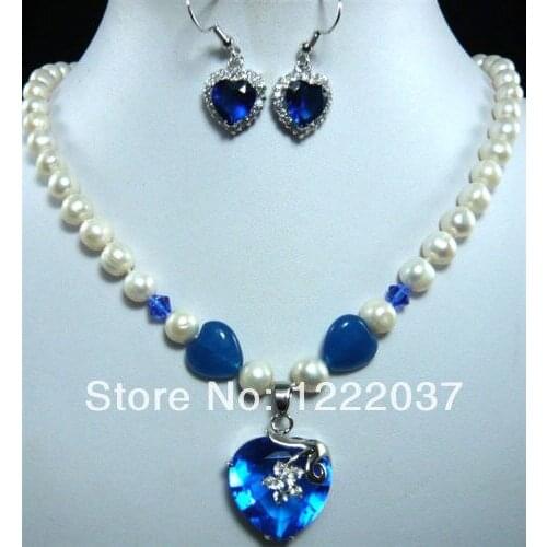 NEW charm white pearl blue stone necklace +heart blue zircon pendant set