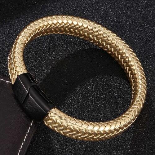 New Fashion Jewelry Golden Braided Leather Bracelet Men Stainless Steel Magnetic Clasp Male Wrist Band Bangles