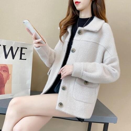 Women 2021 Autumn Winter Cardigan Coat Female New Fashion Elegant Slim Imitation Mink Velvet Thick Warm Knit Sweater Jacket A199