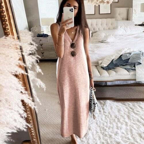Women Summer Loose Dress, Adults Sleeveless Solid Color V-Neck One-piece Vestidos Female Clothes