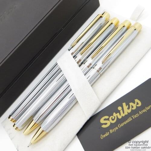 Scrikss 722W 4'lü Set Gold Chrome | Fountain Pen + Roller Pen + Ballpoint Pen + Versatil Pen Set | Scrikss Venus | İsme Custom