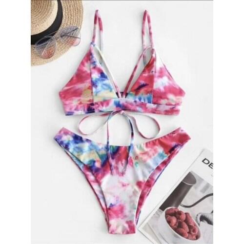 Sexy Tie-Dye Swimwear Women Lace Up Bandage Bikini Set Bathers Bathing Suit Cut Out Thong Swimsuit Swimming Suit Biquini