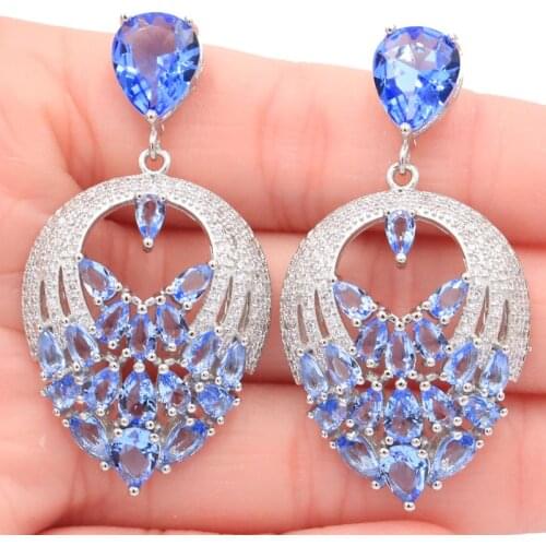 49x25mm New Statement Jewelry Set for Women Earrings Created Violet Tanzanite Wedding Party Fashion Eye Catching Silver Earrings