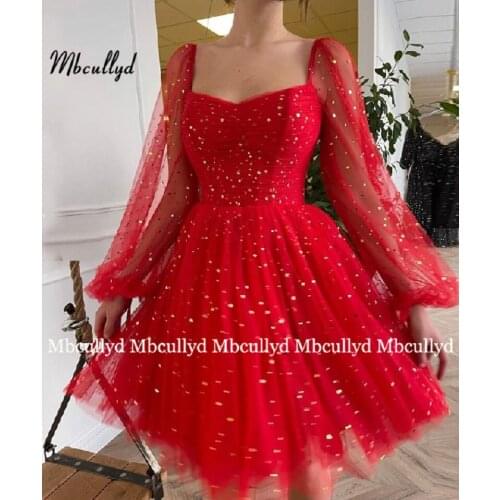 New Red Starry Short Prom Dresses 2021 Sparkly Long Sleeves A line Evening Dresses Pleated Tulle Wedding Party Prom Gowns