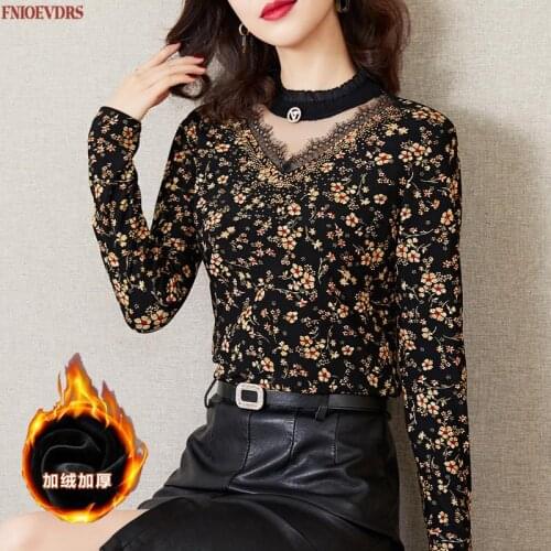 Women Winter Spring Basic Wear Warm Velvet Velour Inside Elegant Office Lady Plus Size Casual Floral Printing Tops And Blouses