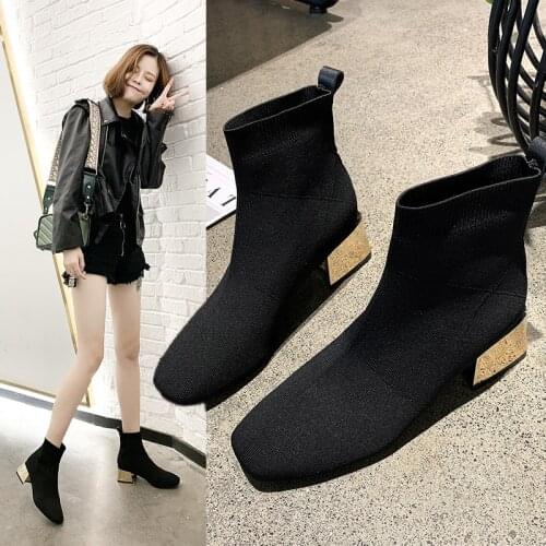 Knitting Stretch botines female autumn square toe sock boots women gold thick heels solid short botte slip on slim chelsea botas
