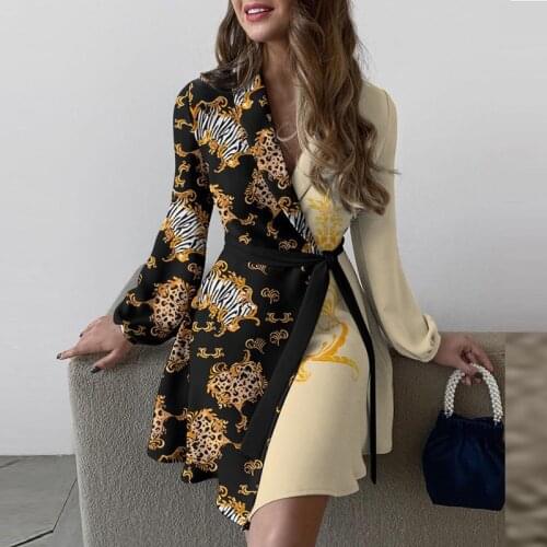 2021 OL Style Turn-down Collar A-Line Party Dress Women Sexy Pattern Print Patchwork Mini Dress Autumn Belted Long Sleeve Dress