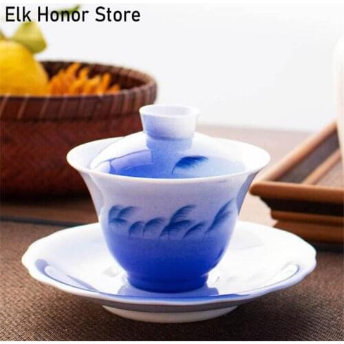 170ML Hand Painted Reed Ceramic Gaiwan Teacup Handmade Bulrush Tea Tureen Porcelain Teaware Accessories Drinkware Personal Cup