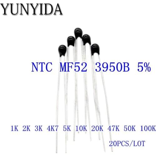 20pcs NTC MF52 NTC-MF52AT 1K 2K 3K 4.7K 5K 10K 20K 47K 50K 100K +-5% 3950B NTC Thermistor Resistor