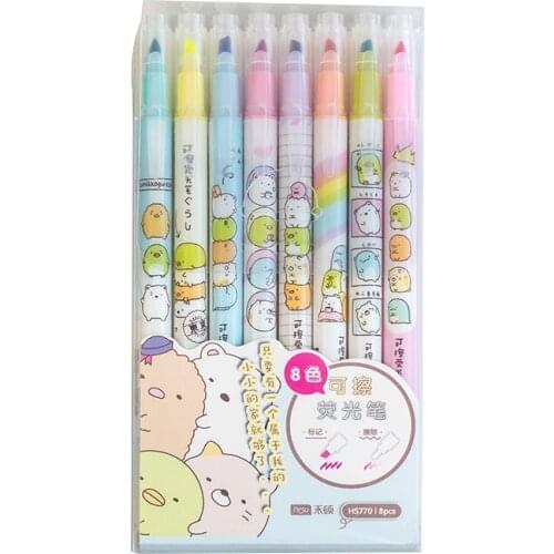 8pcs Cartoon erasable color Highlighter pen set Cute sumikko gurashi Fluorescent marker liner drawing Office School A6878