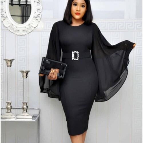 Africa Clothing Chiffon Long Sleeve Dress African Dresses For Women Sexy O-Neck Perspective Slim Dress Office Lady Party