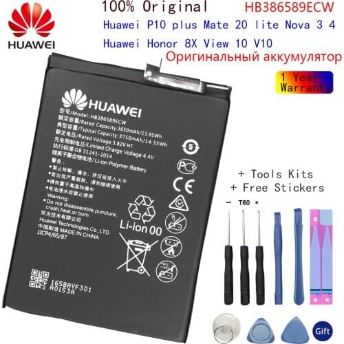 Hua Wei Original Phone Battery HB386589ECW 3650mAh For Huawei P10 Plus Honor 8X View 10 V10 Mate 20 Lite Nova 3 4 Batteries Tool