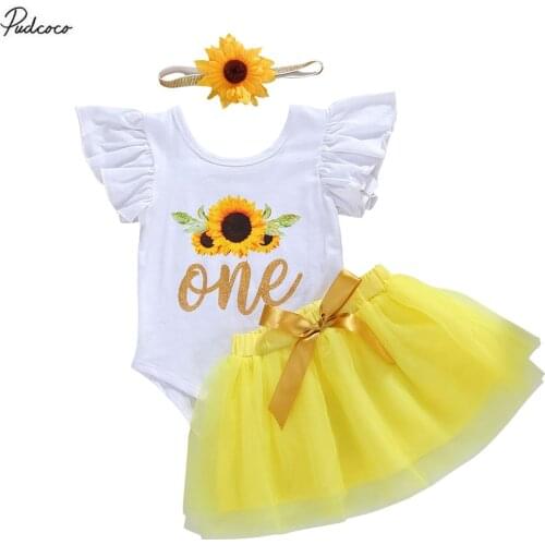 Newborn Girls Birthday Outfit Ruffle Sleeve Floral Letter One Print Bodysuit + Tutu Skirt with Bowknot Birthday Clothing Sets