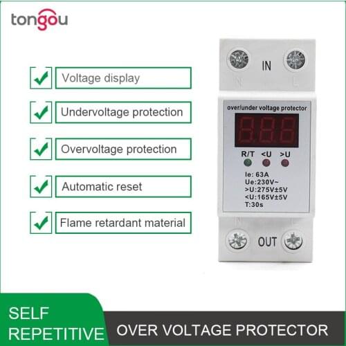 230V 63A Digital Display Din rail Automatic Reconnect Over Voltage and Under Voltage Protective Device Protector Relay