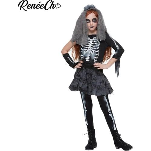 Reneecho Girls Gothic Skeleton Bride Costume Bone Fancy Dress With Veil For 6-14 Years Old Halloween Costume For Kids