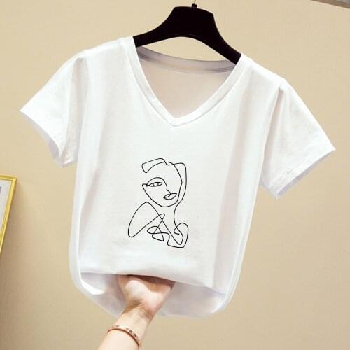 Simple Art Line Face T Shirt Women Plus Size Casual Cotton Tees Vintage Ulzzang Harajuku Woman Tshirt Top Short Sleeve V-neck