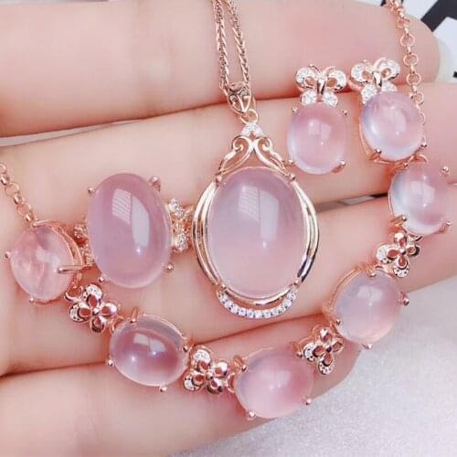 Per jewelry Natural real rose quartz jewelry set 1pc ring 1pc pendant 1pair stud earring 1pc bracelet 925 sterling silver J20497