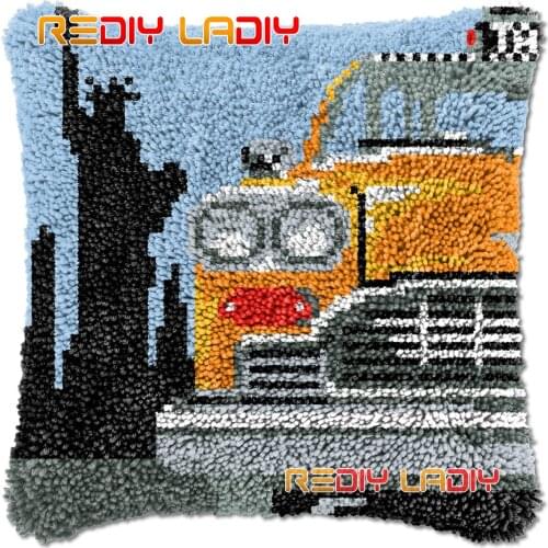 Latch Hook Cushion New York Taxi DIY Needlepoint Kits Chunky Acrylic Yarn Arts Crocheting Lofty Pillow Case Hobby & Crafts