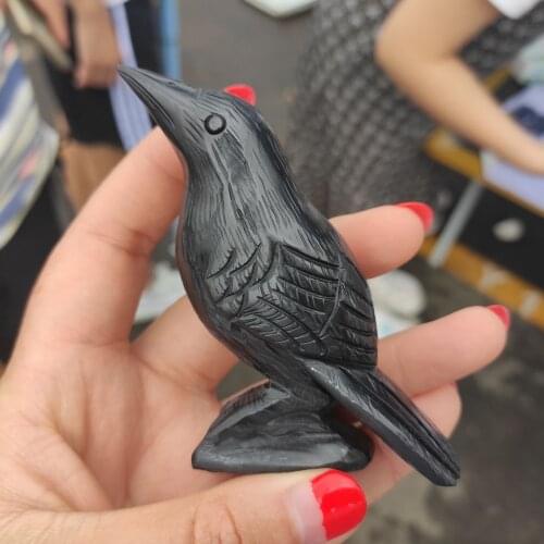 Natural Stone Black Obsidian Handmade Carved bird Polished Animal Powerful Statue For Home Decoration Gift