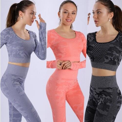 Autumn and Winter New Camouflage Knitted Fitness Hip Pants Slim Sports Yoga Wear Womens Long-Sleeve Suit