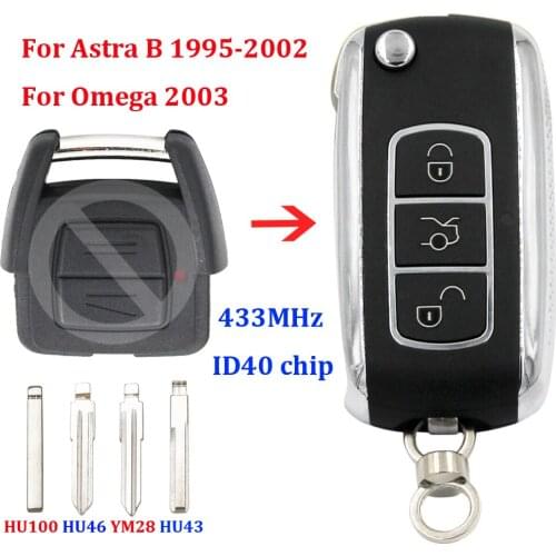 Upgraded Flip Remote Key Fob 3 Button 433MHz ID40 chip for Opel Vectra B 1995-2002 Omega 2003 uncut HU46 HU100 HU43 YM28 blade