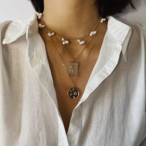 Tassel Imitation Pearls Choker Necklace Female Embossed Tag Pendant Necklaces for Women Gold Color 2020 Fashion Jewelry