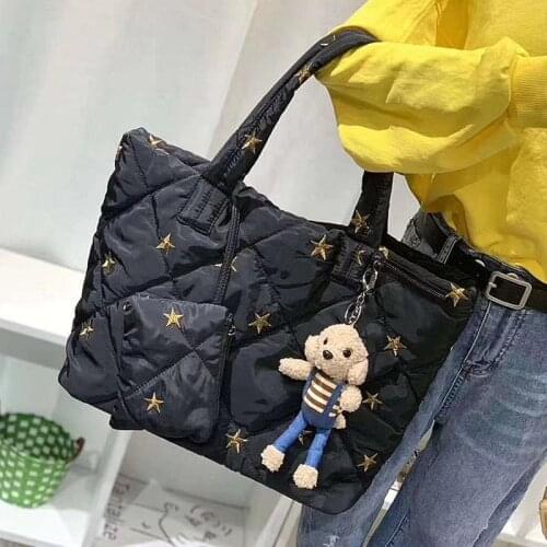 Casual Space Padded Large Capacity Tote Women Shoulder Bags Down Feather Quilted Handbags Nylon Big Crossbody Bag Winter 2021
