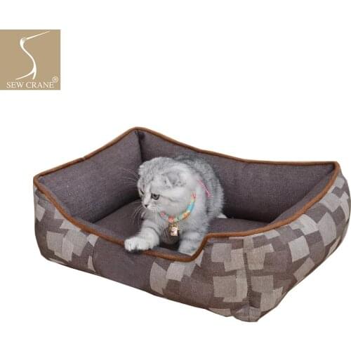 SewCrane Durable Puppy Cuddle with Removable Washable Covers Dog/Cat Sleeping Bed, Jacquard Denim Blue/Brown