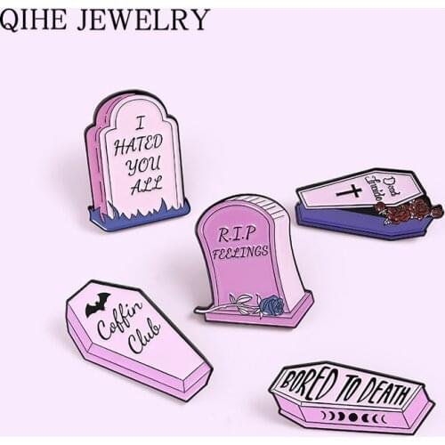 Pink Tombstone Coffin Enamel Pins Gothic Flower Skull Brooches Punk Backpacks Lapel Pin Halloween Badge Jewelry Gift for Friends