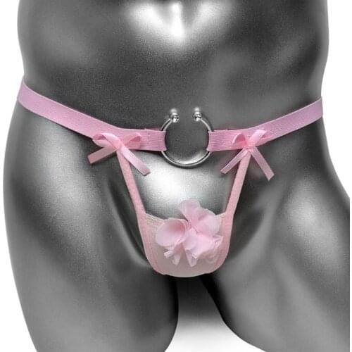 Sexy Gay Lingerie Thong Panties For Sissy with Ring Transparent Mens G String Underwear Flower Patchwork Mesh Male Underpants