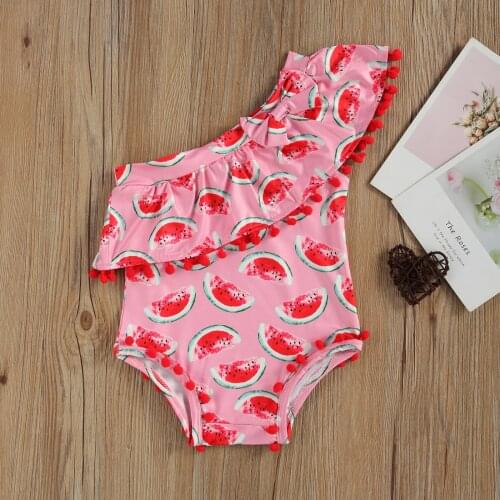 Toddler Baby Girls Cute Watermelon Print One-Piece Swimsuit Sweet Off Shoulder Tassel Ruffle Romper Kids Swimwear Bathing Suit