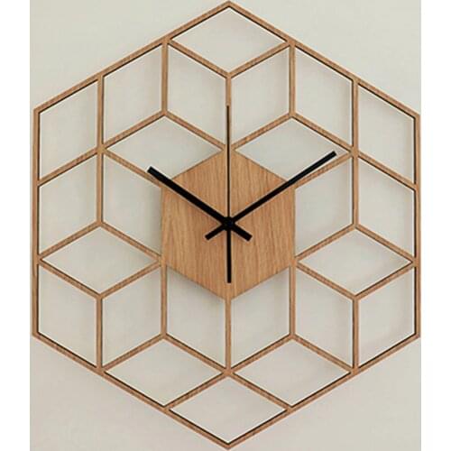 Bamboo Wood Modern Large Silent Office Home Decor Bedroom Gift Hexagonal Quartz Wall Clock Battery Operated Geometry