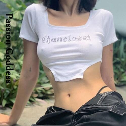 Sexy Women Rhinestone Irregular Cropped Shirts Short Sleeve Slim T Shirt Summer Cute Hot Drilling Letter Party Cropped Tops 2021
