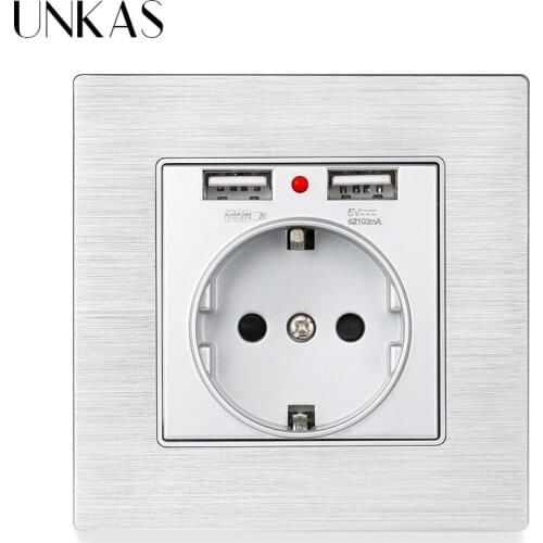 UNKAS Aluminum Panel Grey EU Power Wall Socket Dual USB Charging Port 2.1A 16A Russia Spain LED Indicator Black Gold Gray Outlet