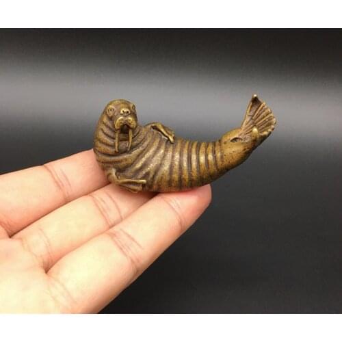 Vintage Copper Animal Sea Lion Figurine Miniature Desktop Ornament Decoration Accessories Antique Bronze Statue Home Decor Craft