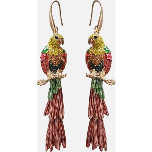 Vintage Metal Rhinestone Drop Oil Parrot Tassel Earrings Fashion Earrings For Women New Arrival 2021 Wholesale