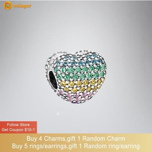 Volayer 925 Sterling Silver Beads Multi-colour Pave Open My Heart Clip Charms fit Original Pandora Bracelets Women DIY Jewelry