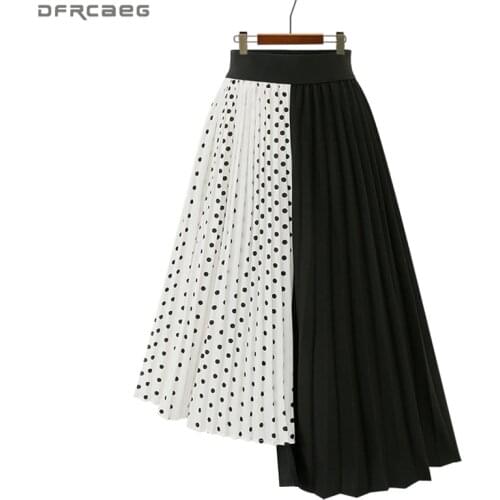 Fashion Spliced Polka Dot Skirt Women Harajuku Irregular Midi Plus size Faldas Largas Mujer Pleated Skirt White Black Jupe Femme
