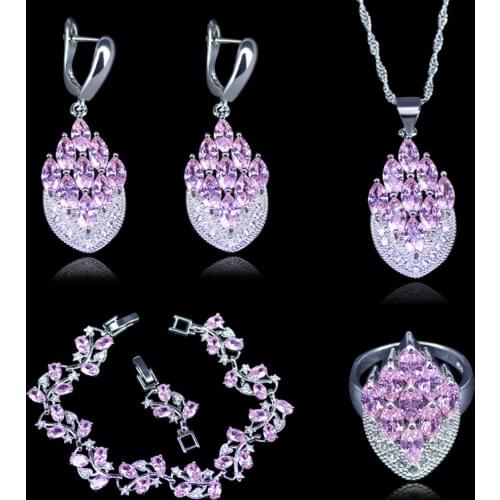 Global Shopping Festival Hot Sale Princess Pink Crystal Silver Color Bracelets Jewelry Sets For Women Christmas