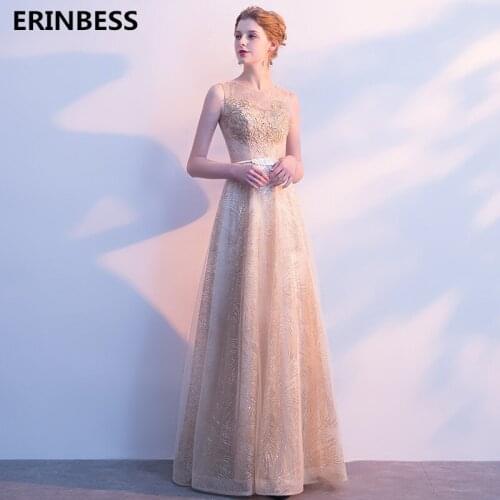 Vestido De Festa 2019 Champagne Evening Dresses Long Dress A-Line O-Neck Vintage Lace Evening Dress Party Gowns Robe De Soiree