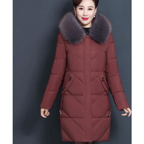Winter Middle-aged Mother Down Cotton Cothing Mid-length Hooded Fur Collar Zipper Temperament Womens Thick Cotton Coats Z772