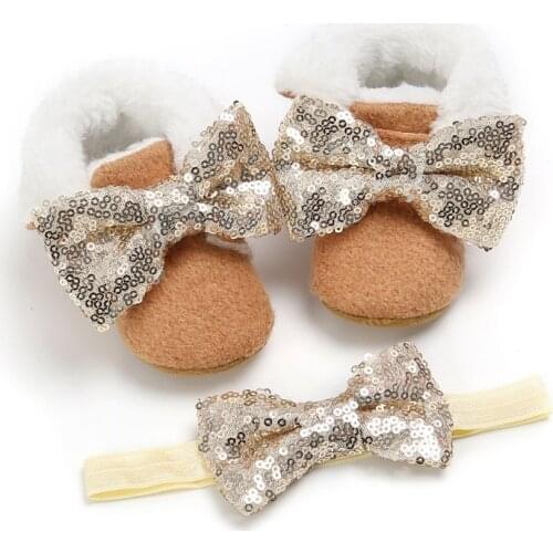 Winter Fur Baby Shoes With Hairband Warm Baby Girls Shoes First Walkers for Newborn Soft Sole Infant Cotton Shoes