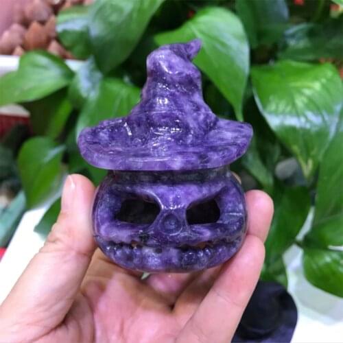 2" Skull Pumpkin Skull Natural Obsidian Yooperlite Purple Mica Pumkpin Halloween Gift Home Decoration