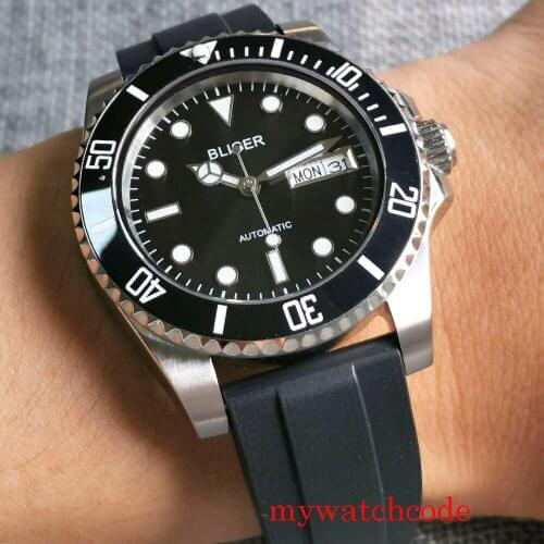 Bliger 40mm 24Jewels NH36A Automatic Men Watch Sapphire Glass Date Week Green Dial Rotating Bezel Rubber Band Luminous Sub Watch