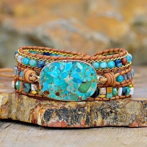 Blue Natural Stone 3 Wraps Bracelet Handmade Boho Emperor Bracelet For Women Bracelet Dropshipping