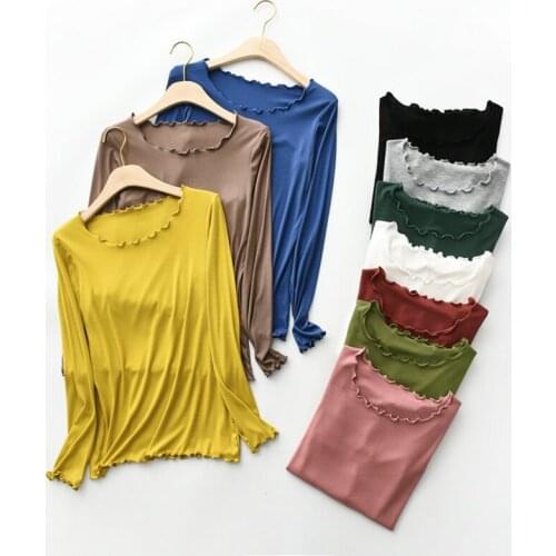 Modal Casual T-shirt Women Japanese Style Solid Color Tshirt Fashion Full Sleeve T-Shirt Show Thin Simple New Soft Round Neck